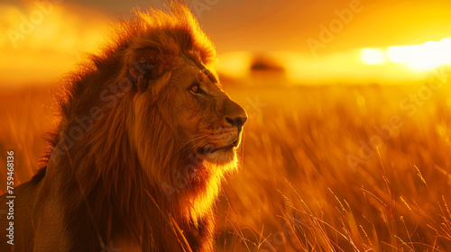 Majestic lion at sunset in the savanna, mane aglow with a backdrop of acacia trees