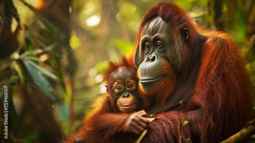 Endangered orangutan with offspring  gentle touch in dense jungle habitat