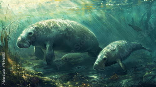 Serene manatees moving gently through sun-dappled waters, the graceful giants of the underwater world