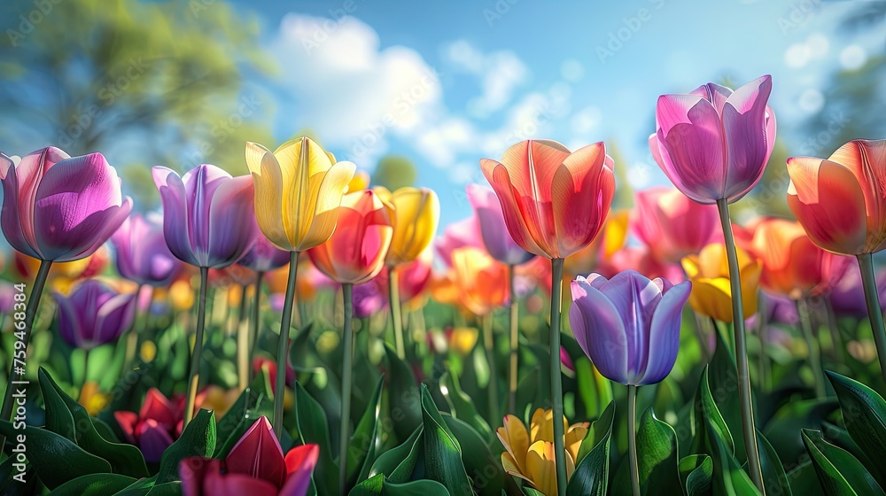 Transform your visuals with vibrant hues of full bloom tulip garden in wide-angle panorama