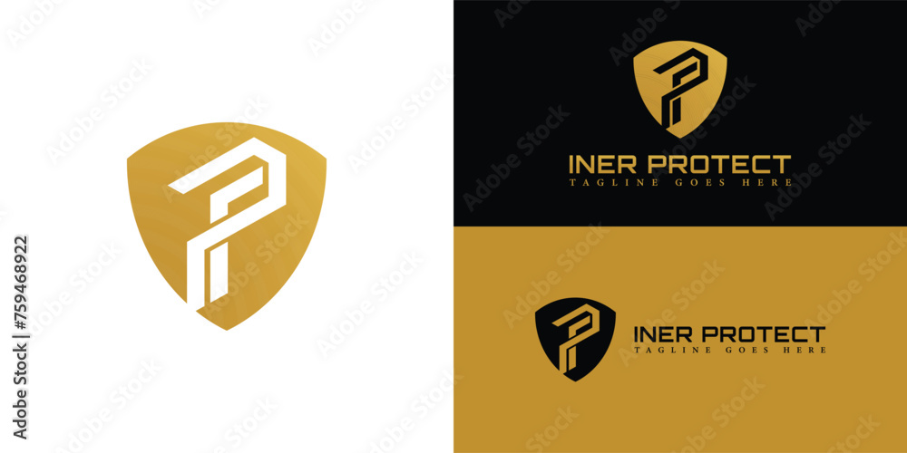 Initial logo letter IP or PI with shield Icon gold color isolated on multiple background colors. Letter IP or PI in gold color applied for security system technology company logo design inspiration - obrazy, fototapety, plakaty 