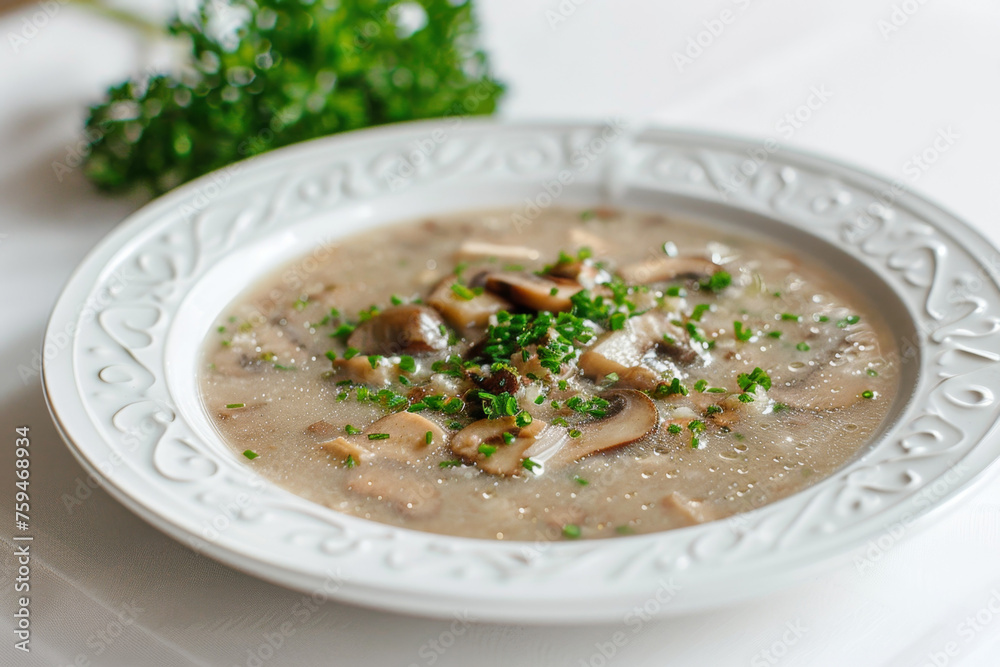 Elegant Matsutake Mushroom Soup Presentation on White Table Gen AI Elegant Matsutake Mushroom Soup Presentation on White Table Gen AI