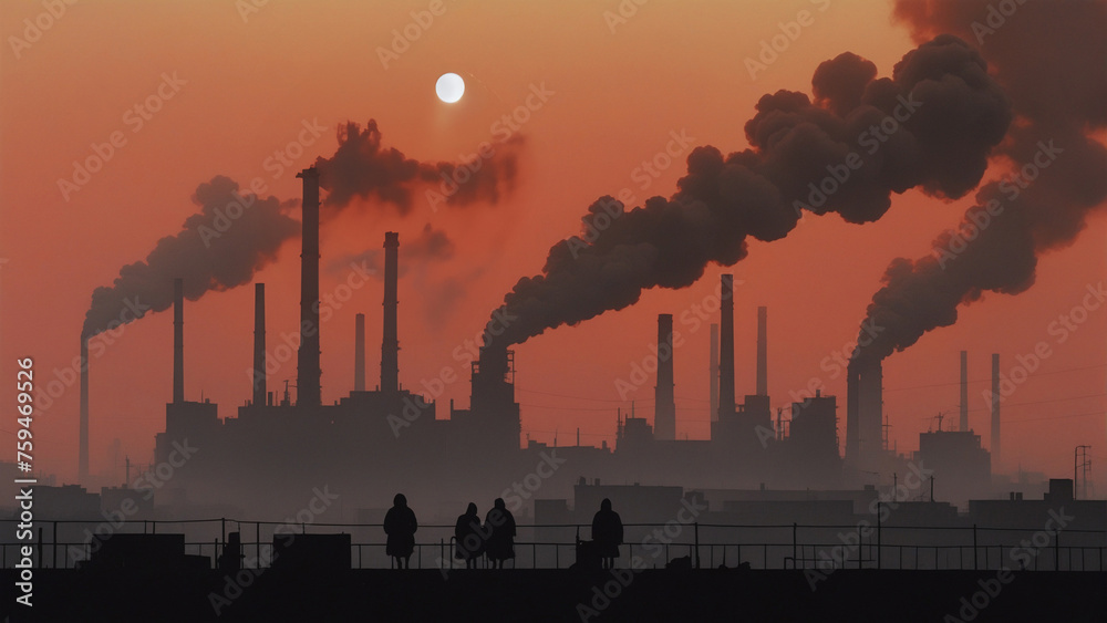 A dystopian cityscape choked with smog and pollution, with towering factories belching smoke into the sky