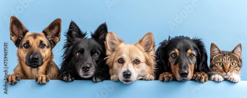 The picture of front view and close up of the multiple group of the various cat and dog in front of the bright blue background that look back to the camera with the curious and interest face. AIGX03. © Summit Art Creations