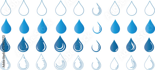 Blue water drop vector icons set, perfect for hydration apps, weather forecasts, and eco friendly campaigns. Collection includes filled and outlined water drop designs on a white background