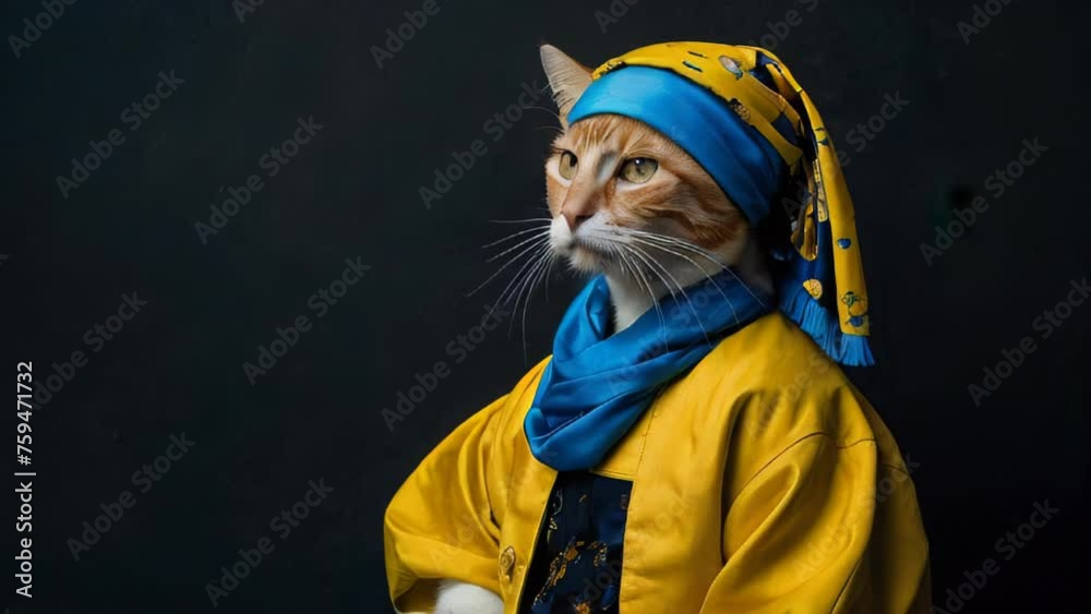Against a black background, a cat poses in a blue bandana and a yellow raincoat.
Against a black background, a cat poses in a blue bandana and a yellow raincoat.