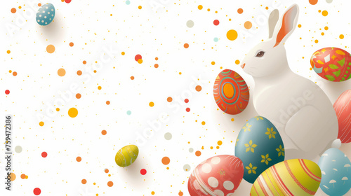 Illustration of easter bunny and decorasted eggs, copy space
