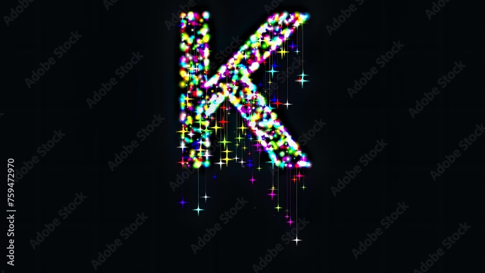 Beautiful illustration of English alphabet K with colorful glitter sparkles on plain black background