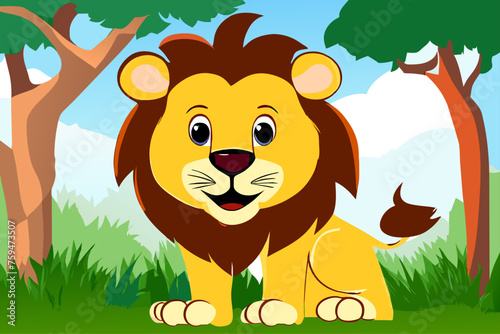 A majestic lion rests serenely amidst verdant trees, creating a captivating image of nature's tranquility.