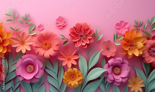 3d illustration  bright paper flowers  bright holiday floral background