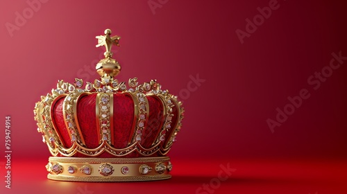 Regal Golden Crown Adorned with Precious Gems and a Cross, Set Against a Vibrant Red Background
