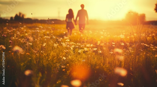 Romantic couple holding hands walking through beautiful lavender field on sunny day