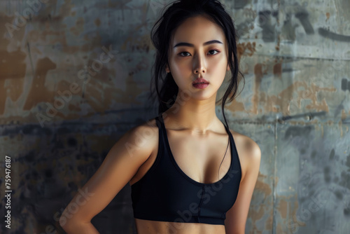 a beautiful Asian Japanese girl with perfect slim toned young body of the girl . An example of sports , fitness or plastic surgery and aesthetic cosmetology