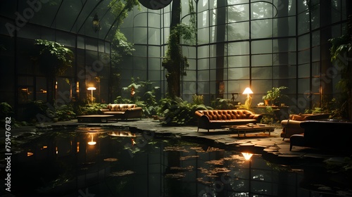 foggy indoor garden with 50 feet ceiling glass dome and fountain water feature, warm lighting, fern trees, holistic surrounding