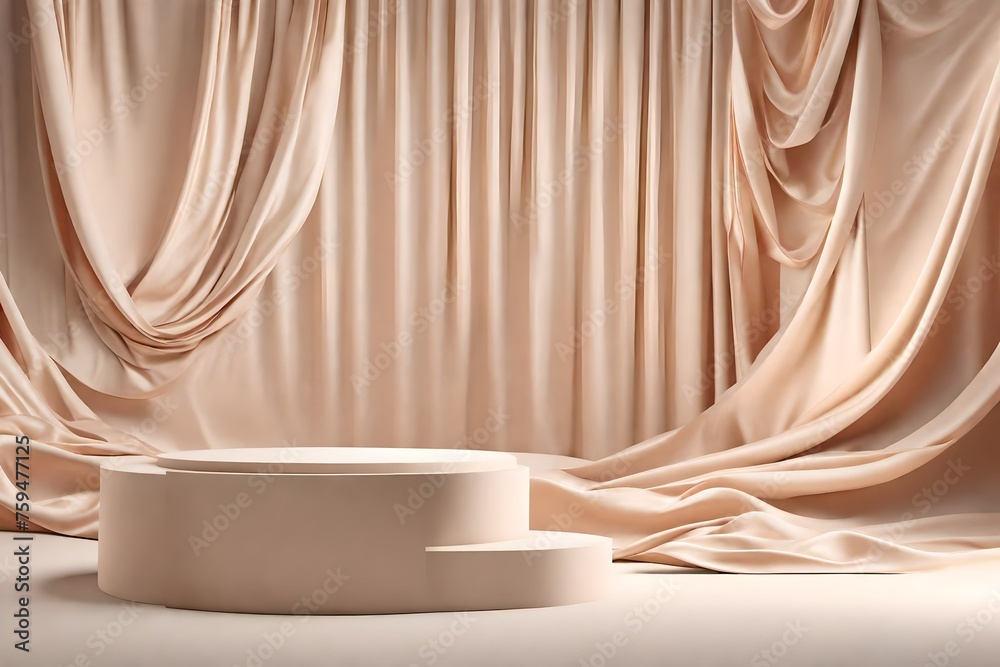 3D display podium, beige background with pedestal and flying nude color silk cloth curtain. Nature wind. Beauty, cosmetic product presentation stand. Luxury feminine mockup 3d render advertisement