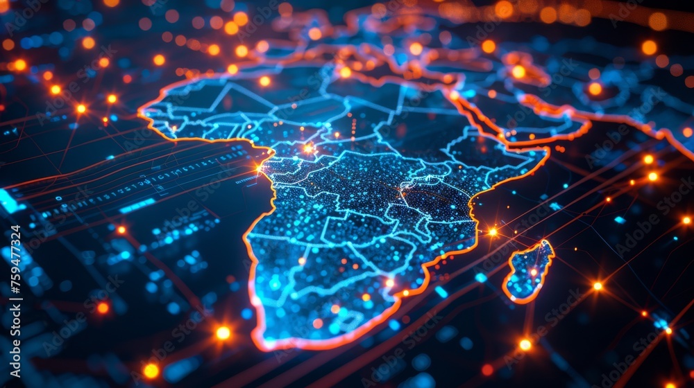 Africa's silhouette glimmers with digital nodes and glowing lines, showcasing a futuristic continent connected by technology.. - obrazy, fototapety, plakaty 