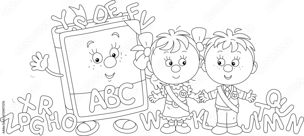 Happy little boy and girl graduates of kindergarten with red holiday ribbons and a funny cartoon character ABC book with letters of English alphabet, black and white vector illustration