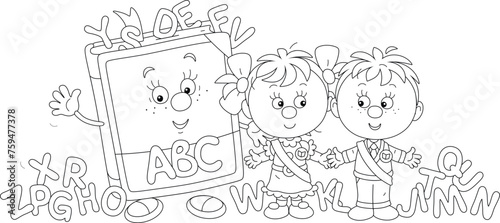 Happy little boy and girl graduates of kindergarten with red holiday ribbons and a funny cartoon character ABC book with letters of English alphabet, black and white vector illustration