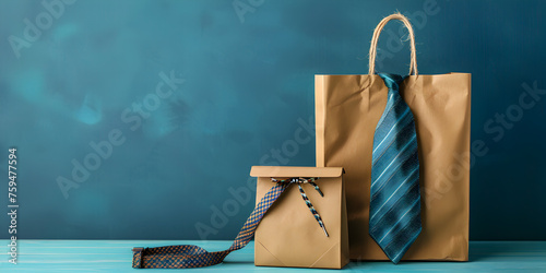 Blank brown paper carrier bag with handles for shopping, facing front on right side of a light wood veneer table with pale blue wall background.