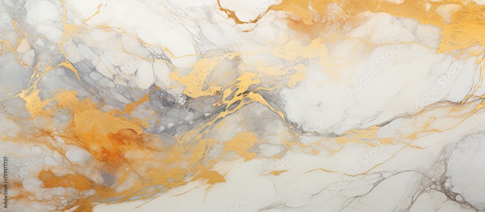 A detailed shot of a white and gold marble texture resembling a landscape painting with natural materials, perfect for flooring or art events