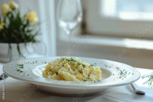 Packet Mashed Potato Served on White Plate with Perfect Composition Gen AI photo