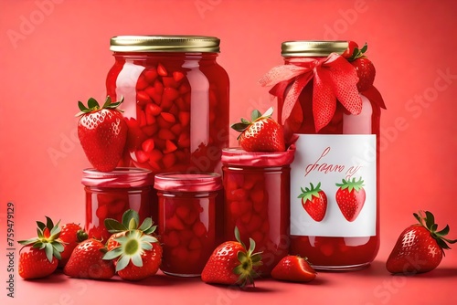 Jar jam display sweet product red background strawberry png fruits mockup
