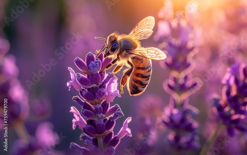 A bee delicately suspends itself over the lavender flora photo