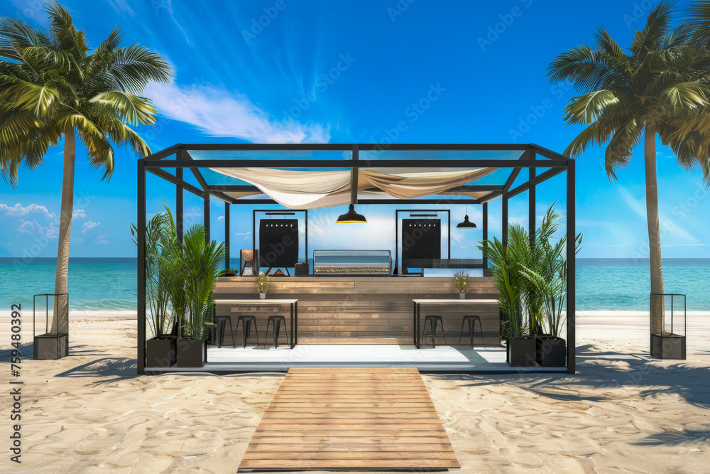 A beach side restaurant with a canopy and palm trees. The atmosphere is relaxed and inviting