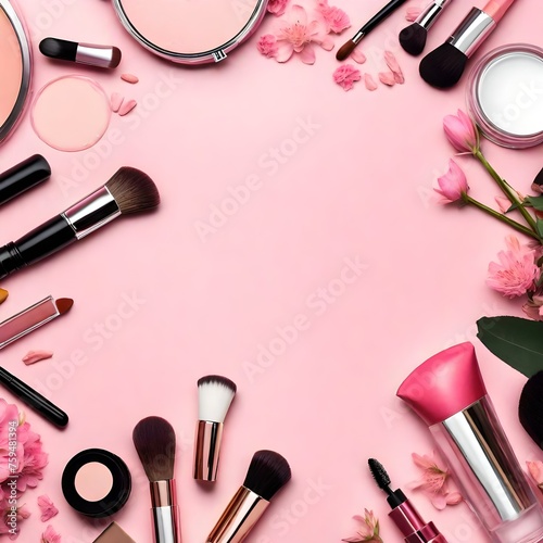 Makeup professional cosmetics on pink background with flowers.