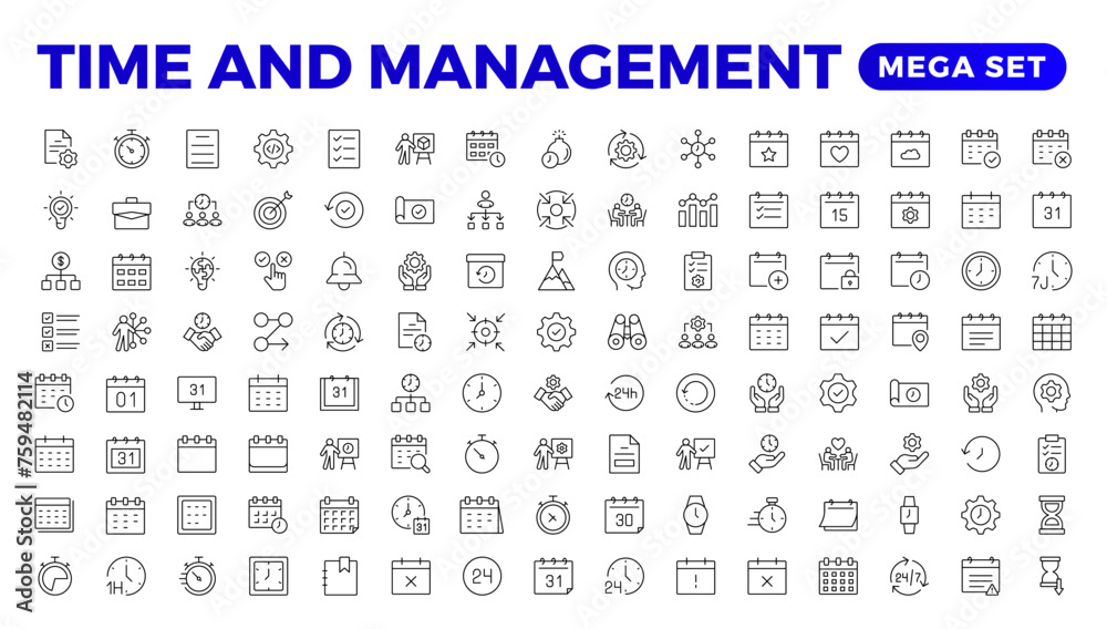 Business and management line icons set. Management icon collection. Project management icon collection. Time management and planning concept. Outline icon set.