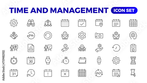 Business and management line icons set. Management icon collection. Project management icon collection. Time management and planning concept. Outline icon set.