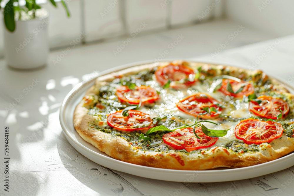 Delicious Pesto Tomato Pizza on White Plate, Table, and Background Gen AI