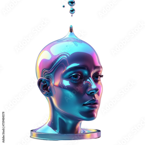 3d liquid head holographic ilustration on Isolated transparent background png. generated with Ai