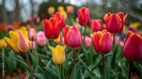 Discover the enchanting beauty of a full bloom tulip garden in wide-angle panorama