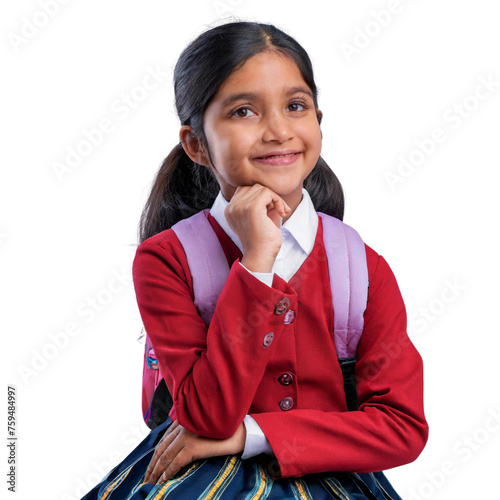 A girl school kid wearing a red uniform in thinking pose