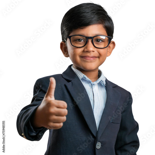 A cute little boy kid wearing a business suite and showing thumbs up