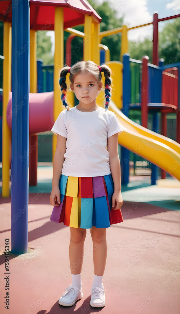 Obraz premium portrait of a cute little girl in colorful skirt and white t-shirt standing on playground