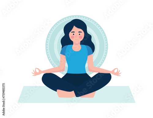 Woman in meditation pose isolated on rounded background. Concept illustration for yoga.