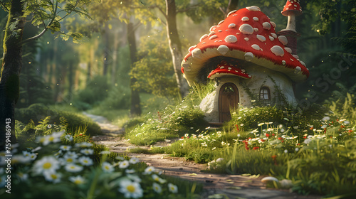 Retraite de conte de fées fantaisiste : un havre de forêt magique avec une maison aux champignons miniature, un chemin enchanteur vers une demeure d'elfe ou d'animal photo