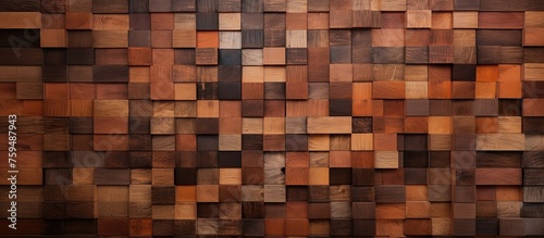 A detailed closeup of a hardwood wall featuring small rectangular wooden squares. The varying tints and shades of brown create a unique artlike pattern © 2rogan