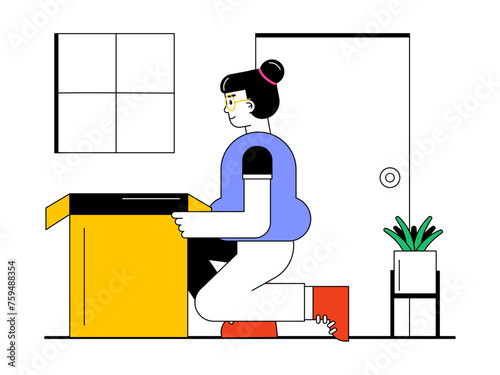 Girl unboxing the box. Unboxing vector illustration.