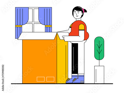 Girl unboxing the box. Unboxing vector illustration.