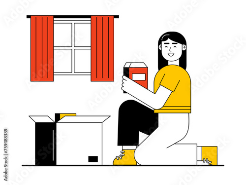 Girl unboxing the box. Unboxing vector illustration.