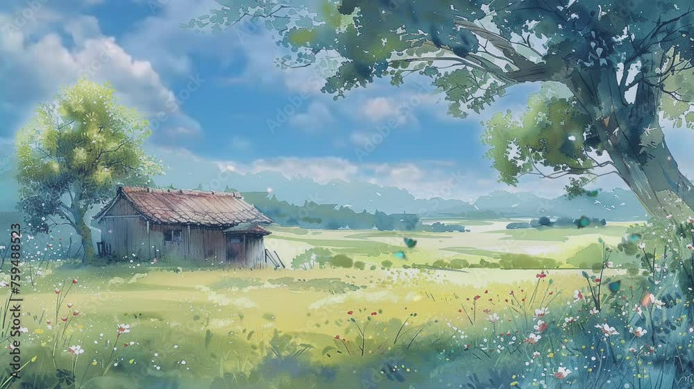 Animated seamless looping wooden hut next to shady trees in the middle of meadow. Watercolor painting illustration style. Generative AI Animated seamless looping wooden hut next to shady trees in the middle of meadow. Watercolor painting illustration style. Generative AI