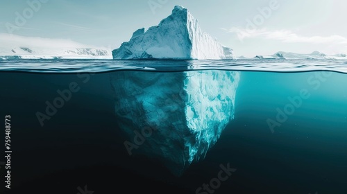 Minimalistic image of an iceberg in the ocean with a view under and above the water with a copy space. Generative AI