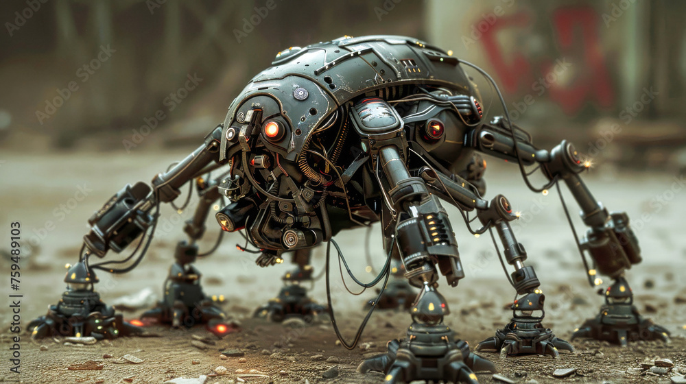 A mechanical creature with dark metallic skin