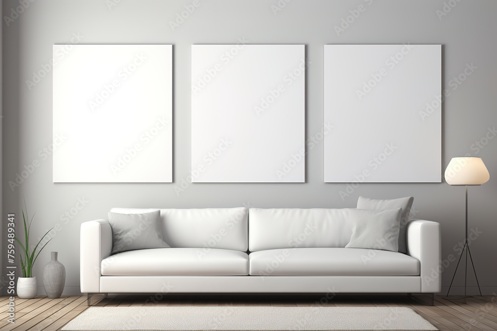 A white couch sits in a room with three white picture frames on the wall A white couch sits in a room with three white picture frames on the wall
