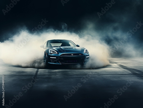 generic sports car performing burnout or drifting on racing track with smoke and heat as wide banner with copy space area 