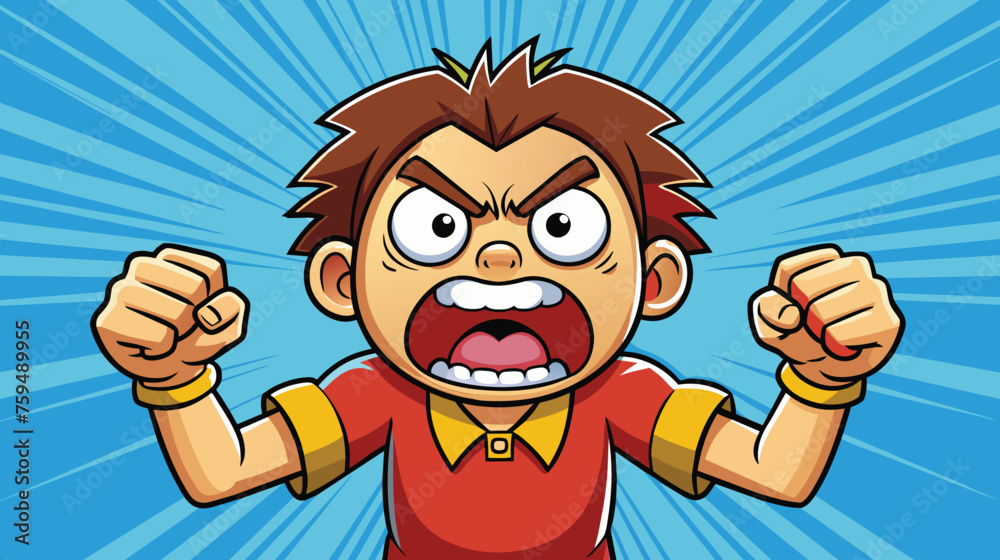 Angry Cartoon Boy Clenching Fists With Intense Expression