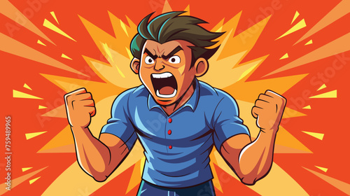 Frustrated Cartoon Man Clenching Fists Against Exploding Background